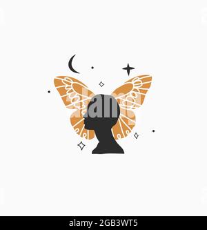 Hand gezeichnet Vektor abstrakte Stock flache Grafik-Illustration mit Logo-Element, böhmische magische Kunst des Schmetterlings, Halbmond und Frau Silhouette, einfach Stock Vektor