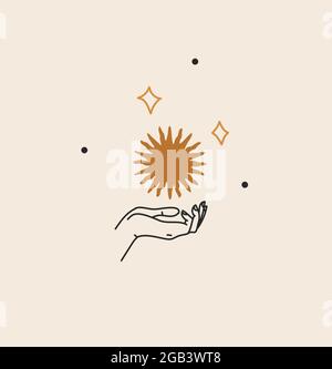 Hand gezeichnet Vektor abstrakte Stock flache Grafik Illustration mit Branding-Logo, böhmische himmlische magische Linie Kunst der Frau Hand, Sterne und Gold Sonne in Stock Vektor