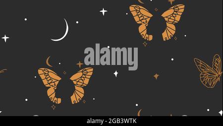 Hand gezeichnet Vektor abstrakte Stock flache Grafik Illustration mit Logo-Element, böhmische magische Kunst nahtlose Muster der Frau Silhouette, Gold Schmetterling Stock Vektor
