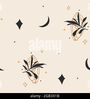 Hand gezeichnet Vektor abstrakt Stock flache Grafik Illustration mit mystischen minimal, böhmischen Magie Kunst nahtlose Muster von Kristallen, Blumenblätter, Sterne und Stock Vektor