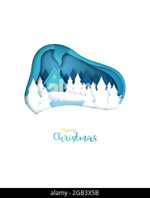 Frohe Weihnachten Grußkarte. Papierkunst. Haus im Wald. Weihnachtsnacht. Stock Vektor