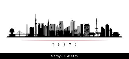 Horizontales Banner der Skyline von Tokio. Schwarz-weiße Silhouette der Stadt Tokio, Japan. Vektorvorlage für Ihr Design. Stock Vektor