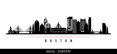 Horizontales Banner der Skyline von Boston. Schwarz-weiße Silhouette der Stadt Boston, USA. Vektorvorlage für Ihr Design. Stock Vektor