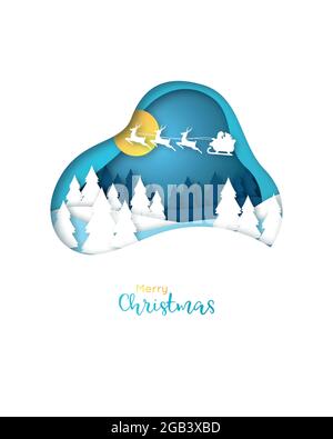 Frohe Weihnachten Papierkunstkarte. Der Weihnachtsmann fliegt in der Weihnachtsnacht mit Hirsen. Stock Vektor