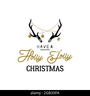 Hirschhörner mit dekorativen Girlanden und Text Holly Jolly. Vektor-Design für Weihnachten. Stock Vektor