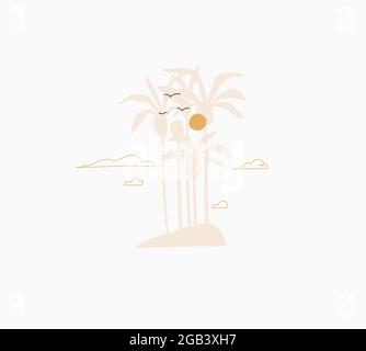 Handgezeichnete Vektor abstrakt Stock Grafik Sommer Cartoon, minimalistische Illustrationen böhmischen kreativen Logo, mit schönen tropischen Palmeninsel Stock Vektor