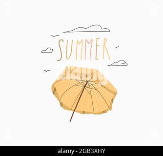 Handgezeichneter Vektor abstrakt Stock Grafik Sommer Zeit Cartoon, minimalistische Illustrationen drucken, mit schönen Boho Regenschirm und Sommer handgeschrieben Stock Vektor
