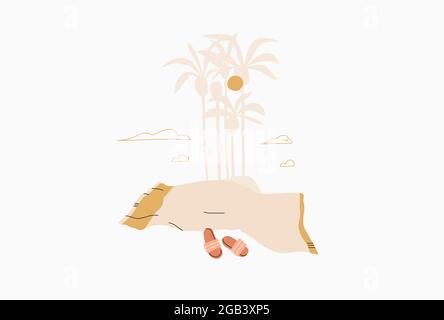 Hand gezeichnet Vektor abstrakt Stock Grafik Sommer Zeit Cartoon, minimalistische Linie Kunst Illustrationen drucken, mit schönen Boho Strandtuch und sonnig Stock Vektor