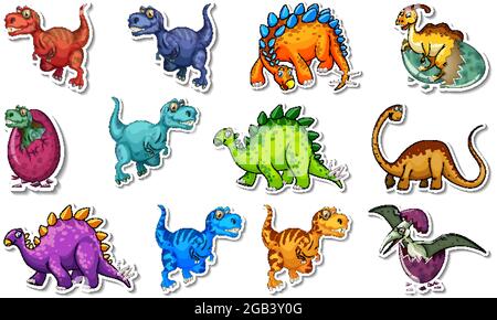 Aufkleber mit verschiedenen Arten von Dinosauriern Cartoon-Figuren Illustration gesetzt Stock Vektor