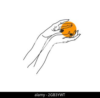 Hand gezeichnet Vektor abstrakt Stock flach Grafik Illustration mit Logo-Elemente, Frau Mode Magie Linie Kunst Hände berühren Mond und Sterne in einfachem Stil Stock Vektor