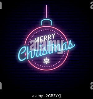 Neonkugel mit Aufschrift Frohe Weihnachten. Glänzendes festliches Banner. Vektorgrafik. Stock Vektor