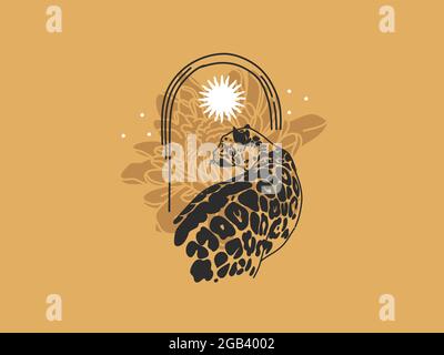 Hand gezeichnet Vektor abstrakt Stock flache Grafik-Illustration mit Logo-Elemente Leopard und Sonne, Schmetterling, magische Chrysantheme im Bogen, Kunst in einfachen Stock Vektor