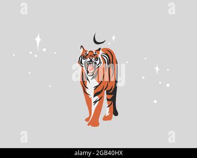 Handgezeichneter Vektor abstrakter Stock flache Grafik-Illustration mit ethnischen Tribal Mystic schönen Tiger in der Wildnis, und magische Sterne in einfachem Stil Stock Vektor