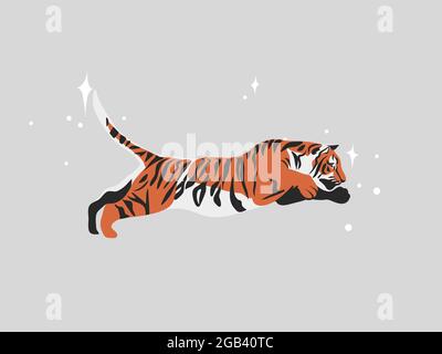 Handgezeichneter Vektor abstrakter Stock flache Grafik-Illustration mit ethnischen Tribal Mystic schönen Tiger in der Wildnis, und magische Sterne in einfachem Stil Stock Vektor