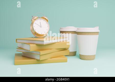 Wecker auf einem Stapel Bücher und Kaffeetassen daneben. Konzept der Bildung, zurück zur Schule und Studium. 3d-Rendering Stockfoto