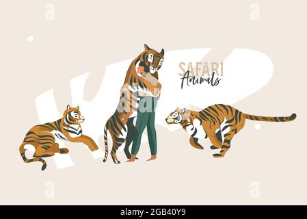 Handgezeichnete Vektor Stock abstrakt flache Grafik Illustration mit afrikanischen wilden Tigern und Mann umarmenden Tiger in der wild oder Zoo Sammlung Set, Karikatur Stock Vektor