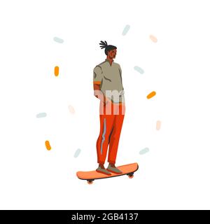 Hand gezeichnet Vektor abstrakt Stock flach zeitgenössische Illustration mit glücklich junge Erwachsene Hipster afroamerikanischen Mann im Mode-Stil Outfit Schlittschuhe auf Stock Vektor