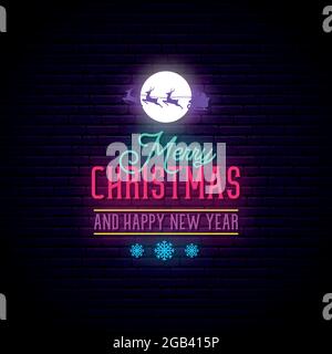 Frohe Weihnachten und ein glückliches neues Jahr Neonzeichen. Helles Schild. Vektorgrafik. Stock Vektor