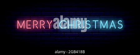 Frohe Weihnachten Neonschild. Langes horizontales Lichtbanner. Vektor Bright Schild. Stock Vektor