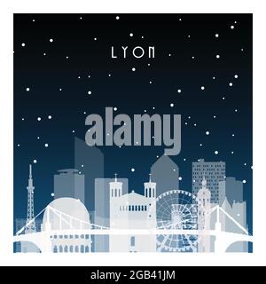 Winternacht in Lyon. Nachtstadt im flachen Stil für Banner, Poster, Illustration, Hintergrund. Stock Vektor