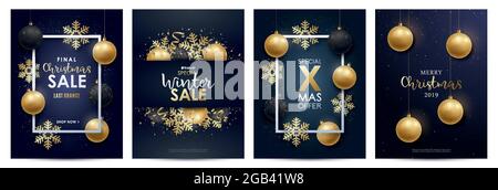 Winter Verkauf flayers set. Realistische Weihnachtsdekoration in Gold und Schwarz. Vektorgrafik. Stock Vektor
