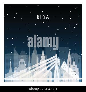 Winternacht in Riga. Nachtstadt im flachen Stil für Banner, Poster, Illustration, Hintergrund. Stock Vektor