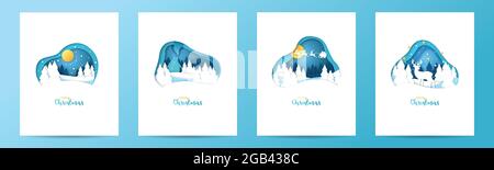 Set von Weihnachtskarten in Papierschnitt-Stil. Schablonengestaltung für Covers, Einladungen, Poster, Banner, Flyer, Plakate. Vektorgrafik. Stock Vektor