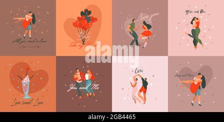 Handgezeichnete Vektor abstrakte Cartoon moderne Grafik Happy Valentines Day Konzept Illustrationen Kunstkarten und Poster Sammlung mit tanzenden Paaren gesetzt Stock Vektor