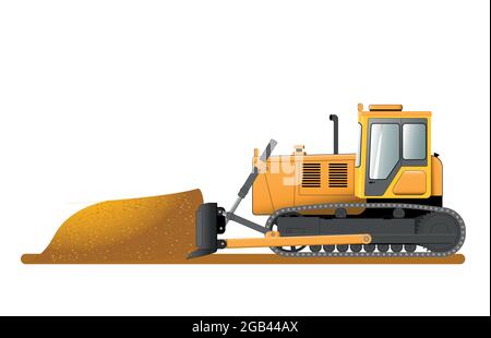 Bulldozer schaufelt Erde in einen Haufen. Baumaschinen. Flache Vektorgrafik. Stock Vektor