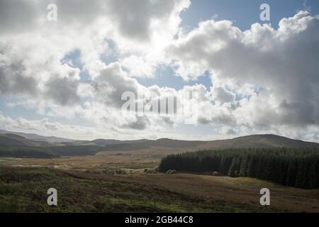 Hügel und Wälder, die sich über dem Big Water des Fleet Valley bei Dromore in der Nähe von Gatehouse von Fleet Dumfries und Galloway Scotland erheben Stockfoto