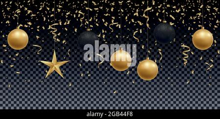 Realistisch glänzende Gold- und schwarze Kugeln, Stern und Konfetti auf transparentem Hintergrund. Vektor-Design-Vorlage für festliche Banner. Stock Vektor
