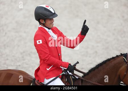 Tokio, Japan. August 2021. Tokio, Japan. August 2021. Pferdesport/Eventing: Olympiade, Individuell, Springreiten, Baji Koen Equestrian Park. Ryuzo Kitajima aus Japan auf Feroza Nieuwmoed in Aktion. Quelle: Friso Gentsch/dpa/Alamy Live News Stockfoto