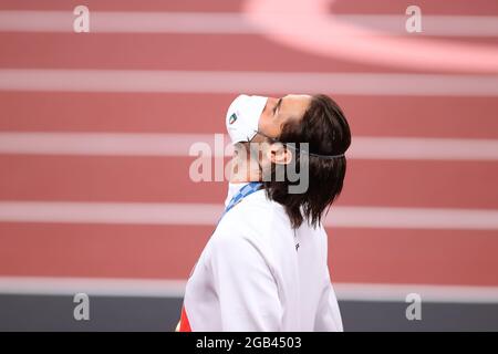 TAMBERI Gianmarco (ITA), Goldmedaille 2. AUGUST 2021 - Leichtathletik : Hochsprung-Medaillenübergabe der Männer während der Olympischen Spiele 2020 in Tokio im Nationalstadion in Tokio, Japan. Quelle: Yohei Osada/AFLO SPORT/Alamy Live News Stockfoto