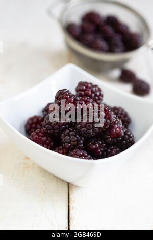 Eine Schüssel mit frisch gepflückten Boysenbeeren auf einem weißen Tisch. Stockfoto