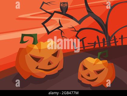 Banner mit Kürbisköpfen bei blutigem Sonnenuntergang. Halloween Plakat-Design im Cartoon-Stil. Stock Vektor