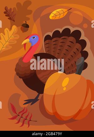 Poster mit truthahn und Kürbis. Thanksgiving-Tag-Postkarte im Cartoon-Stil. Stock Vektor