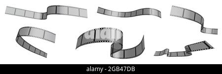 Set mit Fotofilmbändern. Schmale Streifen aus 35 mm Klebeband zum Filmen von Winken im Wind. Trennung in untere und obere Schichten. Designelement. 3d-Vektor o Stock Vektor