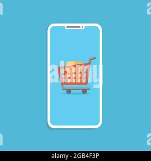 Online-Shopping-Konzept mit Smartphone und Warenkorb. Lager Stock Vektor