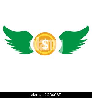 Fliegende Dollar-Münze Symbol auf weißem Hintergrund. Dollar-Münze mit Flügeln Symbol. Fliegende Dollar-Zeichen. Flacher Stil. Stockfoto