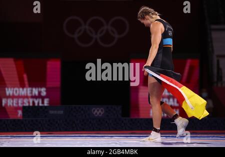 02. August 2021, Japan, Chiba: Ringen/Freestyle: Olympia, 76 kg/Freestyle, Damen, Finale in der Makuhari Messe Hall A. der erste platzierte Aline Rotter-Focken (Deutschland) reagiert nach dem Spiel. Foto: Jan Woitas/dpa-Zentralbild/dpa Stockfoto