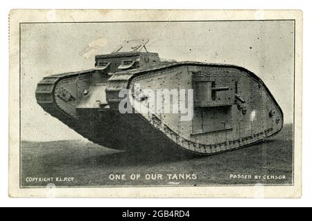 Originalpostkarte aus der Zeit des 1. Weltkrieges, eines frühen Panzers, 'einer unserer Panzer', Marke 1V Tank, herausgegeben von E.L.P. Co. East London Publishing Company, veröffentlicht am 19. Dezember 1917, Großbritannien Stockfoto