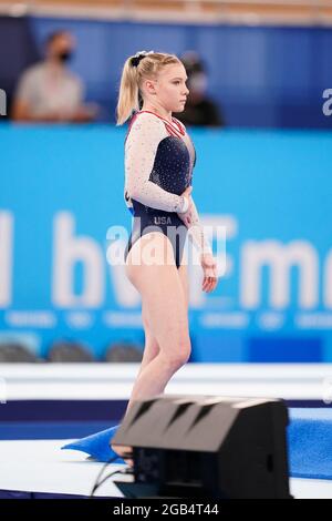 Jade Carey (USA), 2. AUGUST 2021 - Gymnastik - künstlerisch : Finale der Frauen-Bodenübung während der Olympischen Spiele in Tokio 2020 im Ariake Gymnastik Center in Tokio, Japan. (Foto von Kohei Maruyama/AFLO) Stockfoto