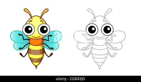 Färbung Insekt für Kinder Bild. Lustige Biene im Cartoon-Stil. Zeichnen Sie die Punkte nach, und färben Sie das Bild ein Stock Vektor