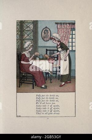 Polly setzte den Wasserkocher an, wir alle haben Tee. Sukey nehmen es wieder weg, sie sind alle weg. Aus dem Buch Mother Goose : OR, die alten Kinderreime von Kate Greenaway, graviert und gedruckt von Edmund Evans, veröffentlicht 1881 von George Routledge und Sons London nad New York Stockfoto