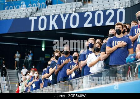 Tokio, Kanto, Japan. August 2021. Team USA Mitglieder beim Schwimmen während der Olympischen Sommerspiele 2020 in Tokio im Tokyo Aquatics Center. (Bild: © David McIntyre/ZUMA Press Wire) Stockfoto