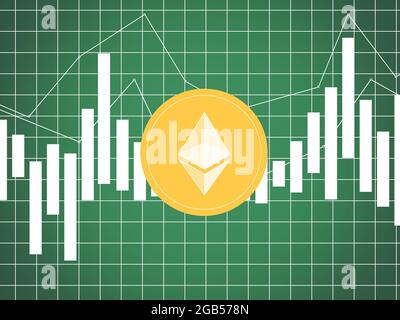 Ethereum auf mehrfarbigen Metriken und Diagrammen auf mehrfarbigen Hintergründen und der Weltkarte Stockfoto