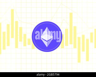 Ethereum auf mehrfarbigen Metriken und Diagrammen auf mehrfarbigen Hintergründen und der Weltkarte Stockfoto