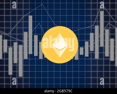 Ethereum auf mehrfarbigen Metriken und Diagrammen auf mehrfarbigen Hintergründen und der Weltkarte Stockfoto