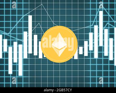 Ethereum auf mehrfarbigen Metriken und Diagrammen auf mehrfarbigen Hintergründen und der Weltkarte Stockfoto