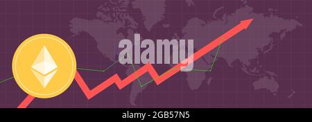 Ethereum auf mehrfarbigen Metriken und Diagrammen auf mehrfarbigen Hintergründen und der Weltkarte Stockfoto